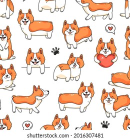 Seamless pattern with cute corgi dogs, paws and hearts in cartoon doodle style. Vector illustration background.