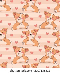 Seamless pattern with cute corgi dogs and hearts