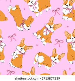 Patrón sin fisuras con lindos perros corgi con lazos en el cuello. Gráficos de Vector.