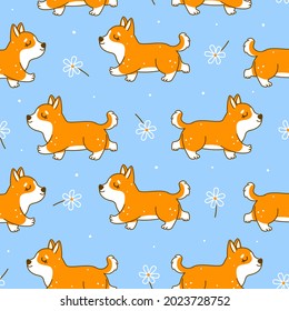 Seamless pattern with cute corgi and flowers - cartoon background for textile and wrapping design