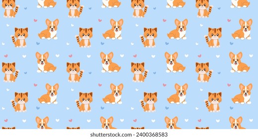 Seamless pattern cute corgi puppy and kitten on light blue background