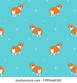 Seamless pattern of cute corgi and stars. Cartoon design animal character flat vector style. Baby texture for fabric, wrapping, textile, wallpaper, clothing. Cute butt corgi