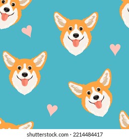 Seamless pattern with cute corgis on blue background. Vector illustration with funny smiling dog heads and hearts.