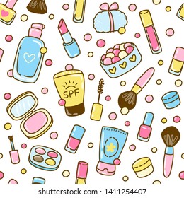 Seamless pattern with cute cosmetics elements isolated on white background