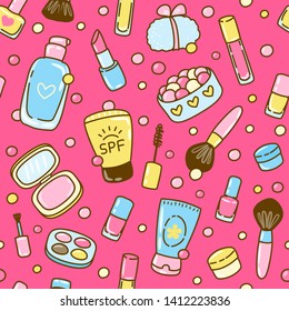 Seamless pattern with cute cosmetics elements on pink background