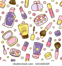 Seamless pattern with cute cosmetics elements on white background