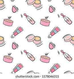 Seamless pattern with cute cosmetics  makeup  icons set. Doodle style.  Hands cream, tinsel, serum, powder. Vector version. 