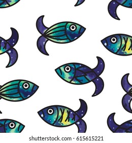 Seamless pattern with cute cosmic fishes, vector illustration