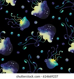 Seamless pattern with cute cosmic jellyfishes, vector illustration