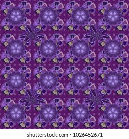 Seamless pattern with cute cosmos flowers in purple and violet colors. Spring vintage floral background. Beautiful vector texture.