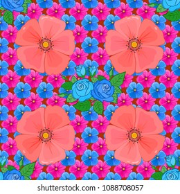 Seamless pattern with cute cosmos flowers in blue, magenta and pink colors. Vector illustration.