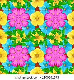 Seamless pattern with cute cosmos flowers in green, yellow and blue colors. Vector illustration.