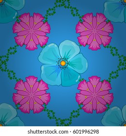 Seamless pattern with cute cosmos flowers on a blue background. Vector illustration.