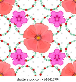 Seamless pattern with cute cosmos flowers on a white background. Vector illustration.