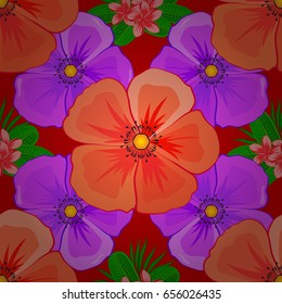 Seamless pattern with cute cosmos flowers on a red background. Vector illustration.