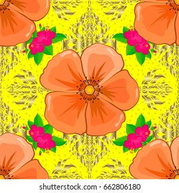 Seamless pattern with cute cosmos flowers on a yellow background. Vector illustration.