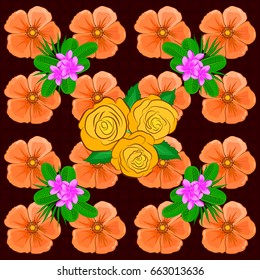Seamless pattern with cute cosmos flowers on a brown background. Vector illustration.