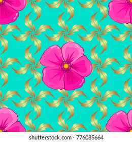 Seamless pattern with cute cosmos flowers in magenta, pink and blue colors. Spring vintage floral background. Beautiful vector texture.