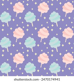 Seamless pattern with cute cotton candy. Vector colorful background in flat style.	