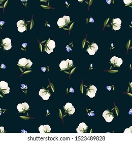 Seamless pattern with cute cotton flowers. Vector.