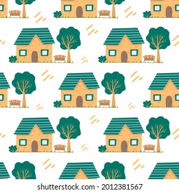 Seamless pattern with cute country house with a bench and a tall tree. Colorful vector illustration cartoon. Country life. Bushes of vegetation. Sweet home