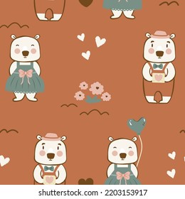 Seamless Pattern Of Cute Couple Bears On Brown Nude Background. Creative Childish Prints Flat Illustration For Fabric, Textile, Home, Nursery, Wallpaper, Packaging, Decoration, Children Apparel.