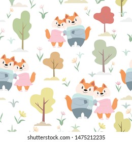 seamless pattern cute a couple fox in the garden cartoon,illustration vector doodle comic art.