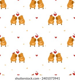 Seamless pattern. Cute couple in love capybara girl and boy with heart on white background. Vector illustration for festive design, romantic valentines, wallpaper, packaging, textile.