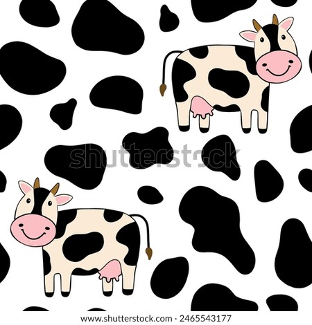 Seamless pattern with cute cow and black and white animal skin texture background for your fabric, children textile, apparel, nursery decoration, gift wrap paper. Vector illustration