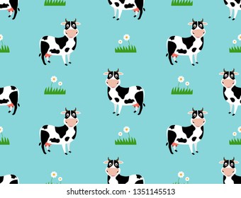 Seamless pattern with cute cow cartoon on field background- Vector illustration