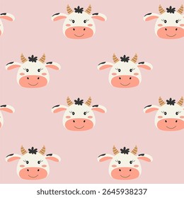 Padrão perfeito com vaca fofa. Padrão para tecido, embrulho, têxtil, papel de parede, roupas. Ilustração vetorial.