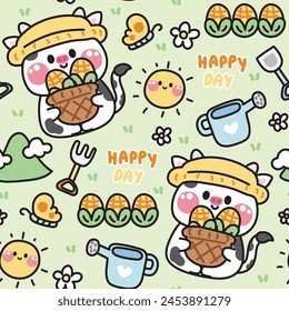 Seamless pattern of cute cow in farm concept backgorund.Animal character cartoon design.Corn,butterfly,flower,mountain,sun hand drawn.Nature.Spring.Farmer.Kawaii.Vector.Illustration.