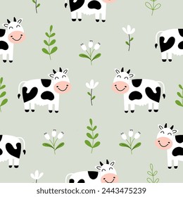 Patrón sin costura con vaca linda y flores para su tela, textiles para niños, ropa, decoración de vivero, papel de regalo, camisa del bebé. Ilustración de vector