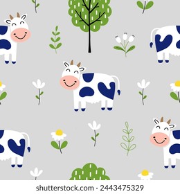 Seamless pattern with cute cow and flowers for your fabric, children textile, apparel, nursery decoration, gift wrap paper, baby's shirt. Vector illustration