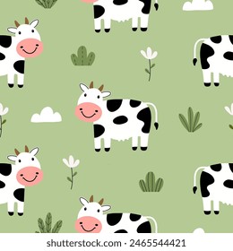 Seamless pattern with cute cow and flowers for your fabric, children textile, apparel, nursery decoration, gift wrap paper. Vector illustration