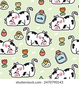 Seamless pattern of cute cow lay on pastel background.Milk,flower,tomato.Farm animal character cartoon design.Image for card,poster,baby clothing.Kawaii.Vector.Illustration.