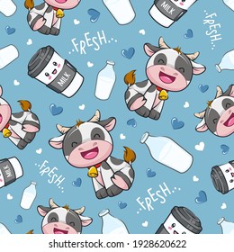 Seamless Pattern Cute Cow With Milk Cartoon Illustration