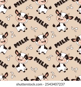 Seamless Pattern of cute cow and milk lettering. Vector Illustration.