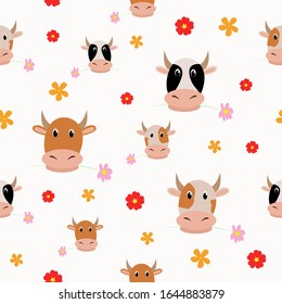 Seamless pattern with cute cow. Print for baby. Vector print with baby cow.