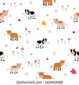 Seamless pattern with cute cow. Print for baby. Vector print with baby cow.
