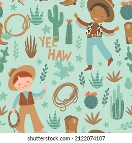 Seamless pattern with cute cowboy, cactus, lasso on a light green background. Blue digital paper with dark-skin kid,  vector childish background for fabric, textile.