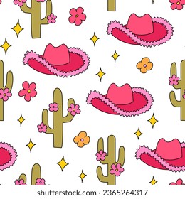 Seamless pattern with cute cowboy hats and cactuses. Funky retro vector background