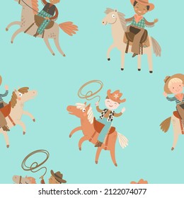 Seamless pattern with cute cowboy, horse, lasso on a turquoise background. Pale green digital paper with dark-skin kid,  vector childish background for fabric, textile.