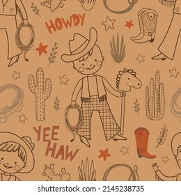 Nahtloses Muster mit süßem Cowboy, Spielzeugpferd, Brille auf braunem Hintergrund. hellbraunes digitales Papier mit umrissenen Kindern, Vektorkindischer Hintergrund für Stoff, Textilien.