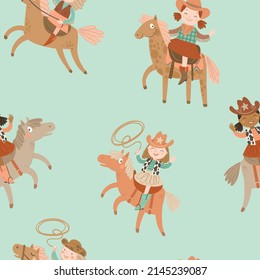 Seamless pattern with cute cowgirl, horse, lasso on a turquoise background. Pale green digital paper with dark-skin kid,  vector childish background for fabric, textile.