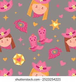 Seamless pattern with cute cowgirl on gray background. Childrens vector illustration template