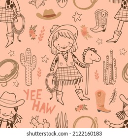 Seamless pattern with cute cowgirl, toy horse, lasso on a dusty pink background. Beige digital paper with outlined kids,  vector childish background for fabric, textile.