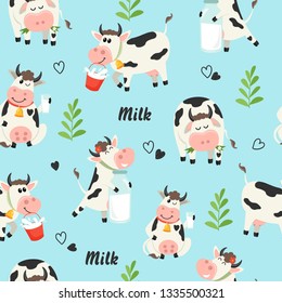 Seamless pattern with cute cows