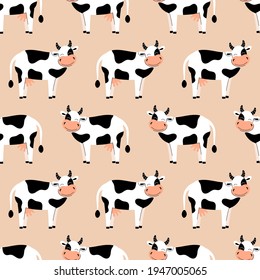 Seamless pattern with cute cows. Background with farm animals. Wallpaper, packaging. Flat vector illustration