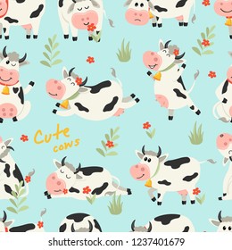 Seamless pattern with cute Cows character in various positions. Vector illustration for your design